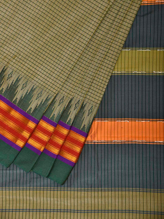 Sea Green and Grey ilkal Viscose Saree with Checks and Strips Pallu Design il0094
