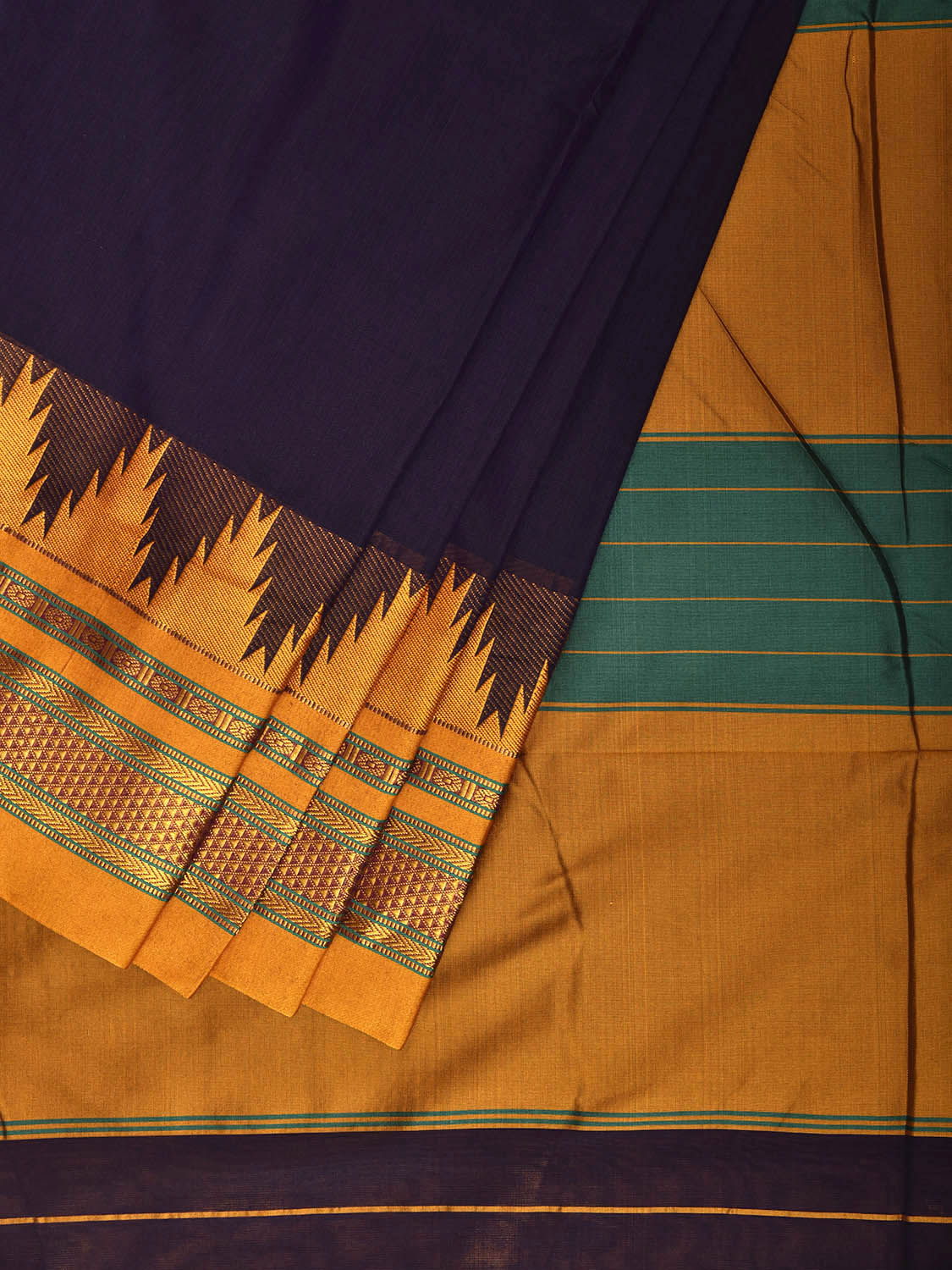 Indigo and Yellow ilkal Viscose Plain Saree with Contrast Pallu and Temple Border Design il0096