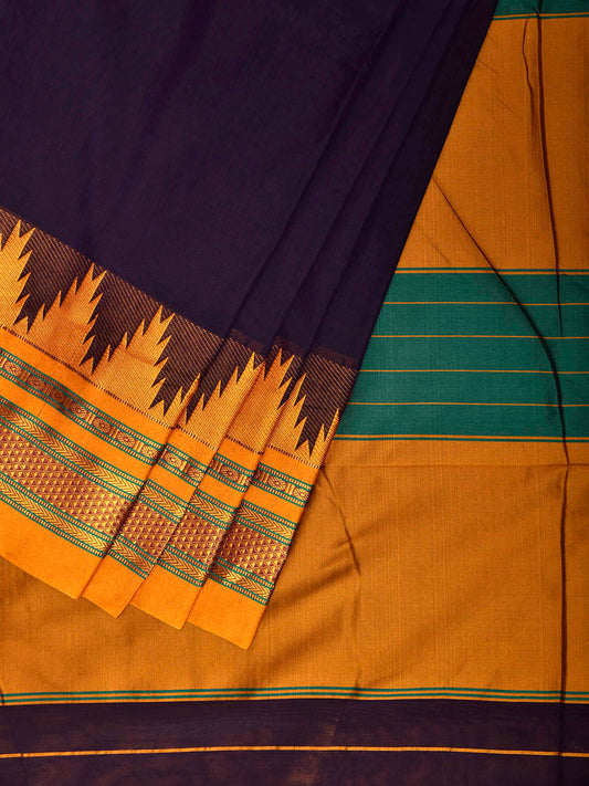 Indigo and Yellow ilkal Viscose Plain Saree with Contrast Pallu and Temple Border Design il0096