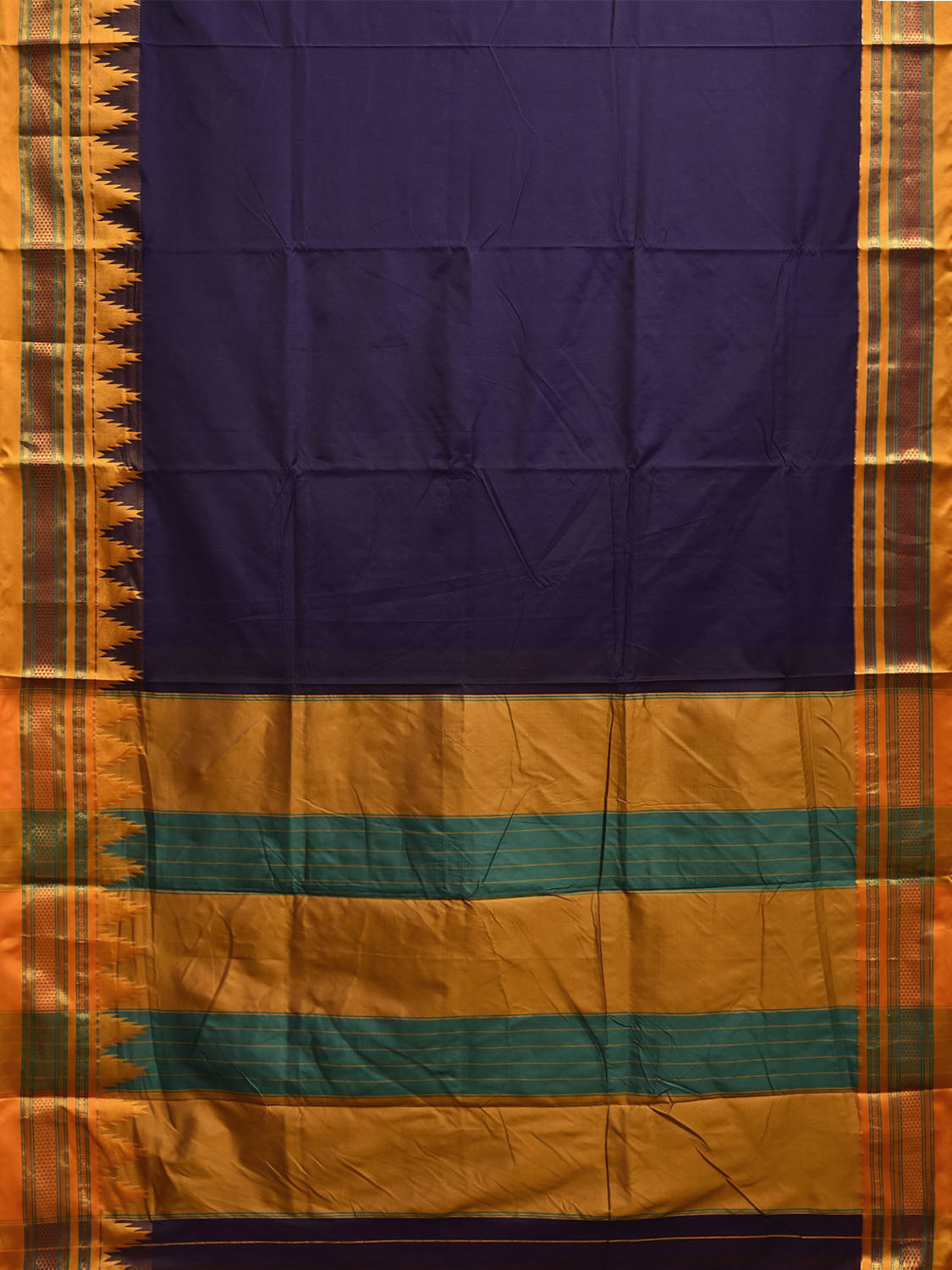 Indigo and Yellow ilkal Viscose Plain Saree with Contrast Pallu and Temple Border Design il0096