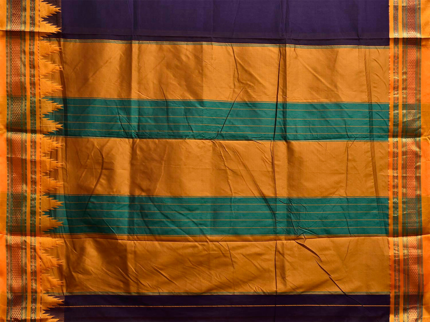 Indigo and Yellow ilkal Viscose Plain Saree with Contrast Pallu and Temple Border Design il0096