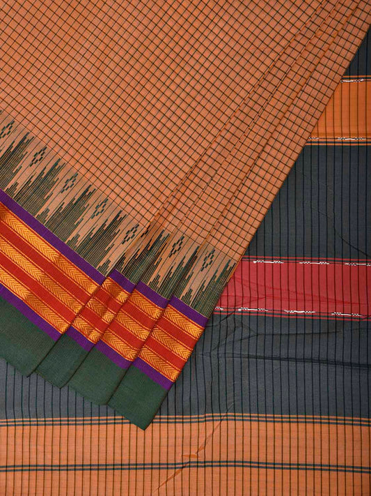 Cream and Grey ilkal Viscose Saree with Checks and Strips Pallu Design il0097
