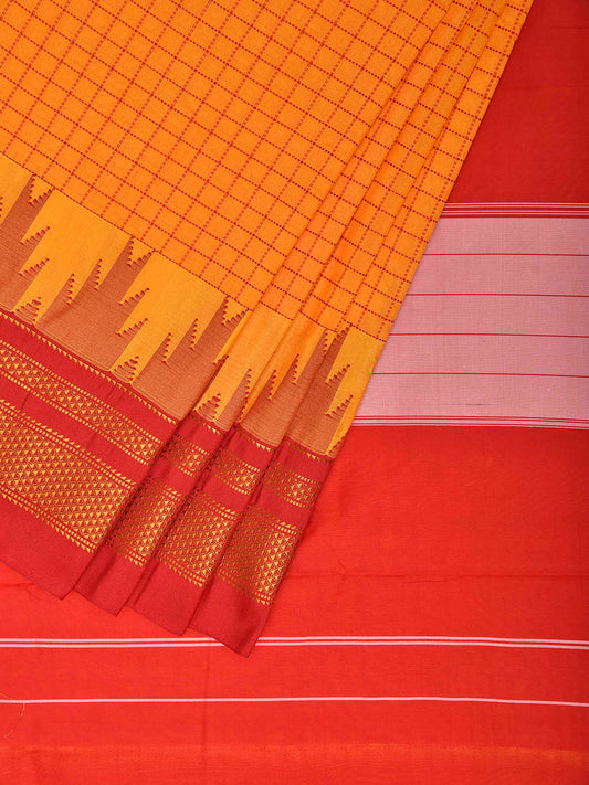 Yellow and Red ilkal Viscose Saree with Big Temple Border and Checks Design il0099