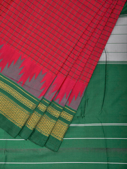 Pink and Green ilkal Viscose Saree with Big Temple Border and Checks Design il0100