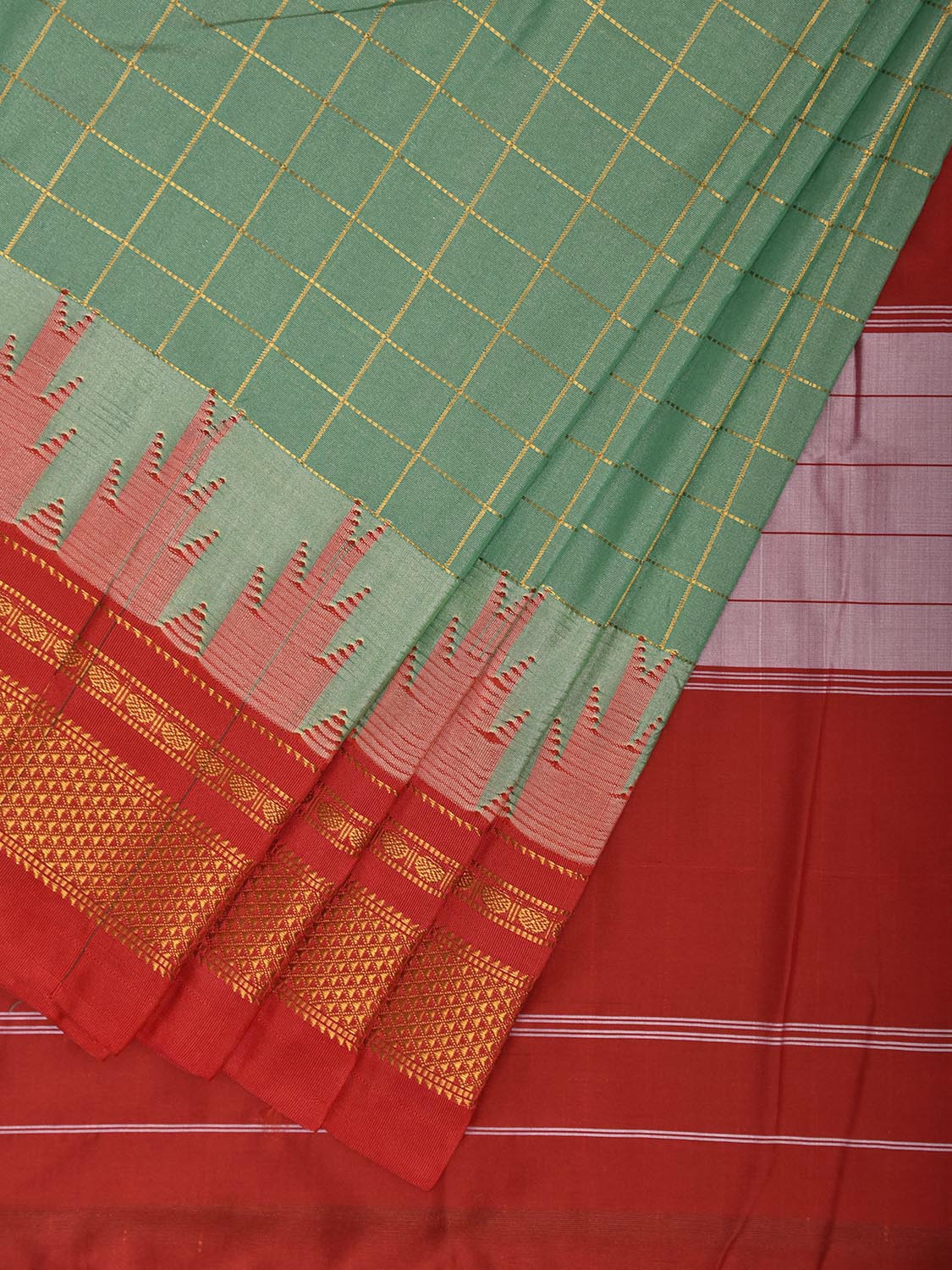 Light Green and Red ilkal Viscose Saree with Big Temple Border and Big Checks Design il0101