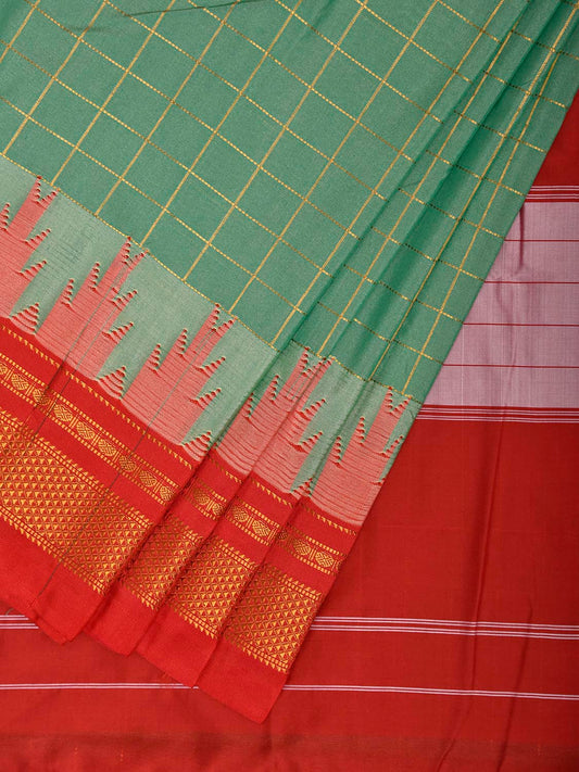 Light Green and Red ilkal Viscose Saree with Big Temple Border and Big Checks Design il0101