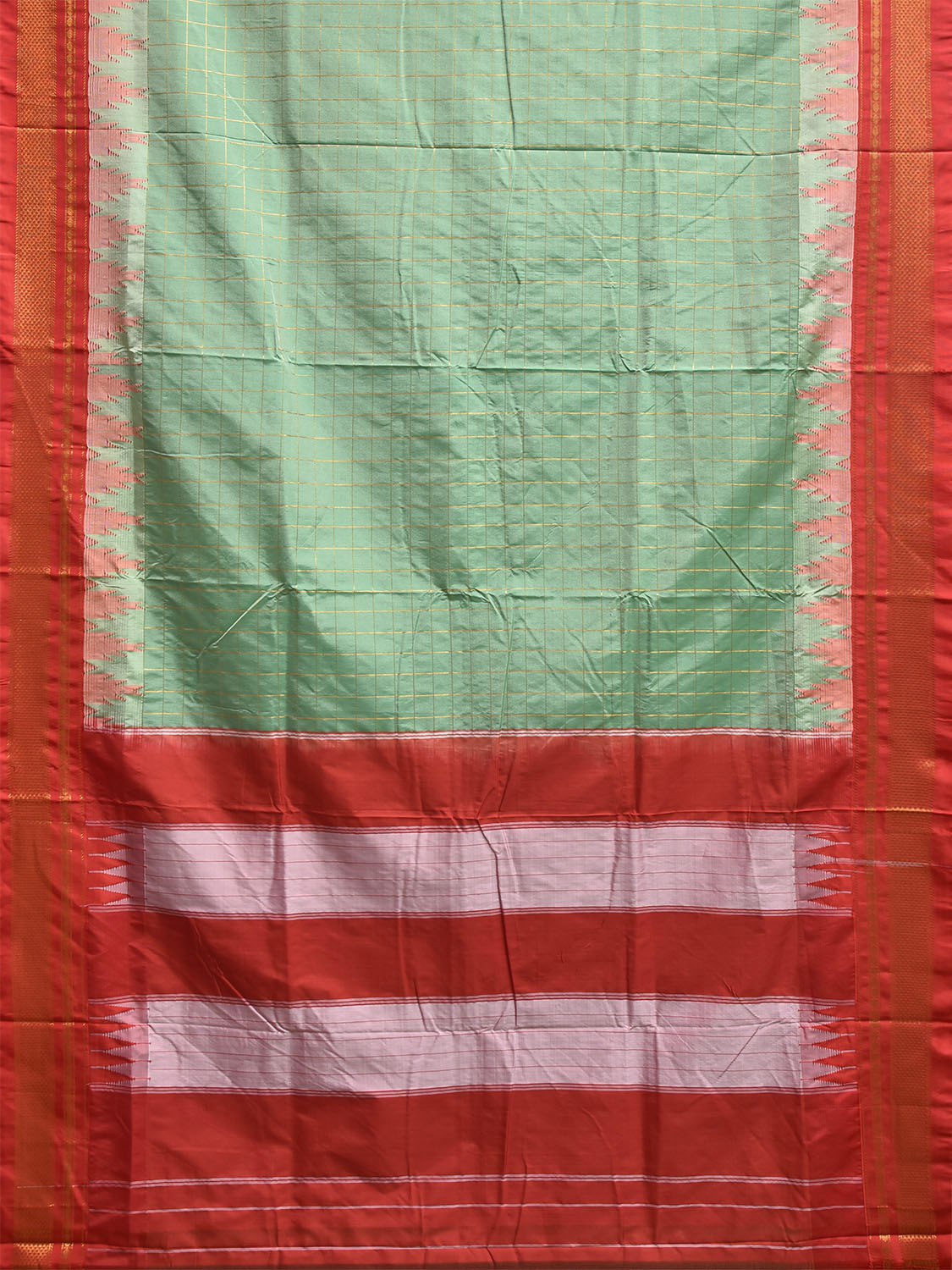 Light Green and Red ilkal Viscose Saree with Big Temple Border and Big Checks Design il0101