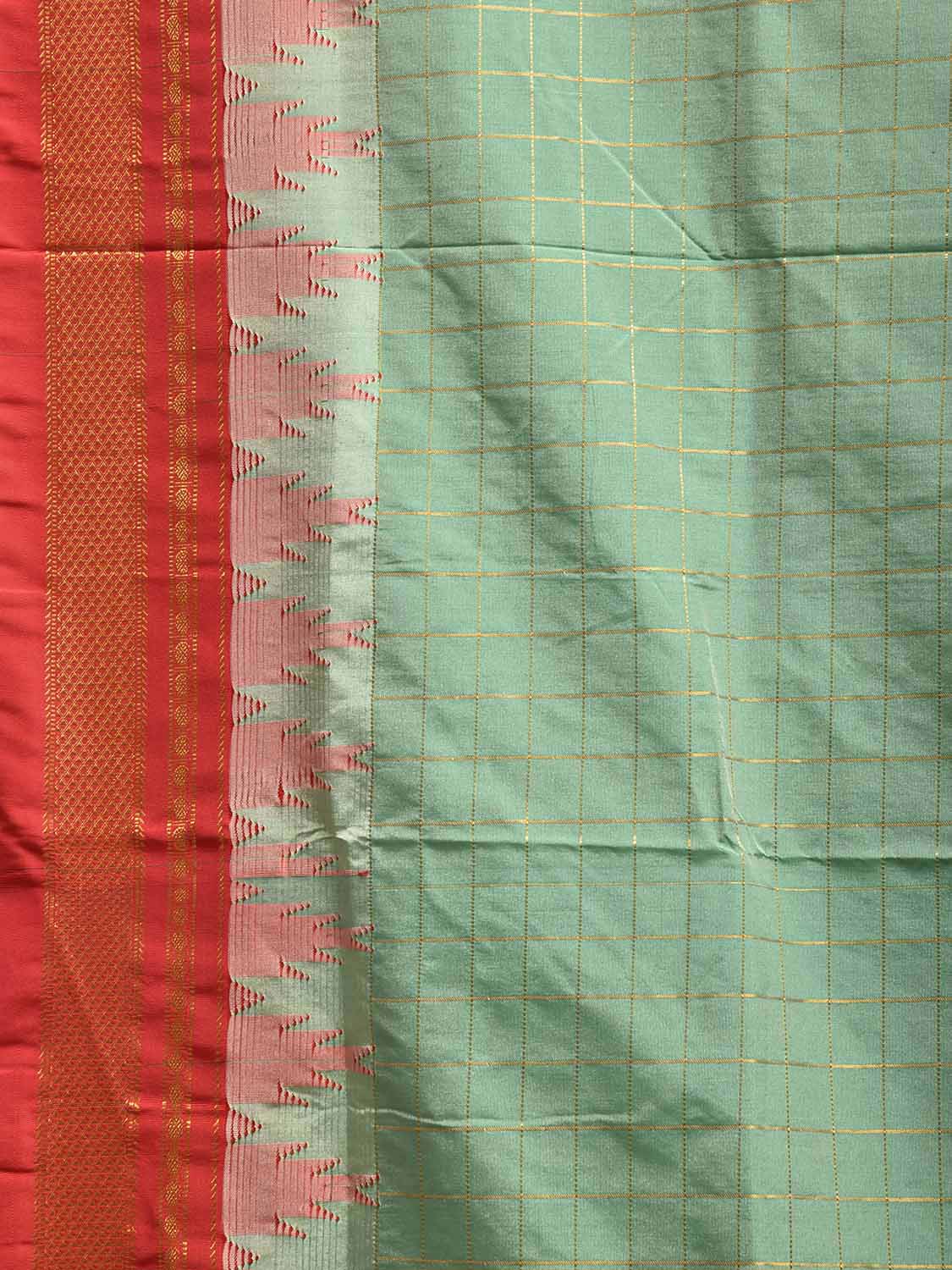 Light Green and Red ilkal Viscose Saree with Big Temple Border and Big Checks Design il0101