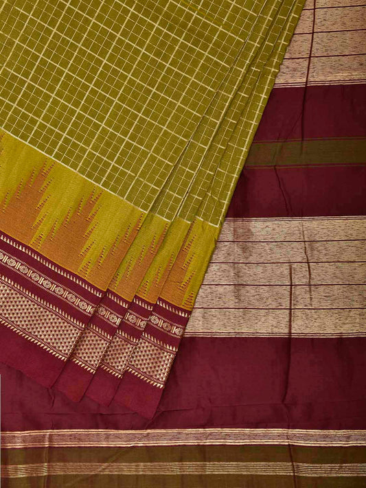 Olive and Brown ilkal Viscose Saree with Big Temple Border and Checks Design il0103