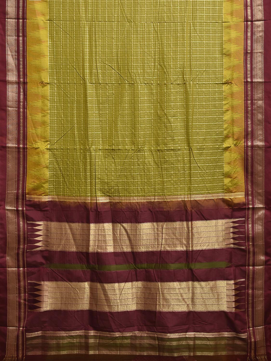 Olive and Brown ilkal Viscose Saree with Big Temple Border and Checks Design il0103