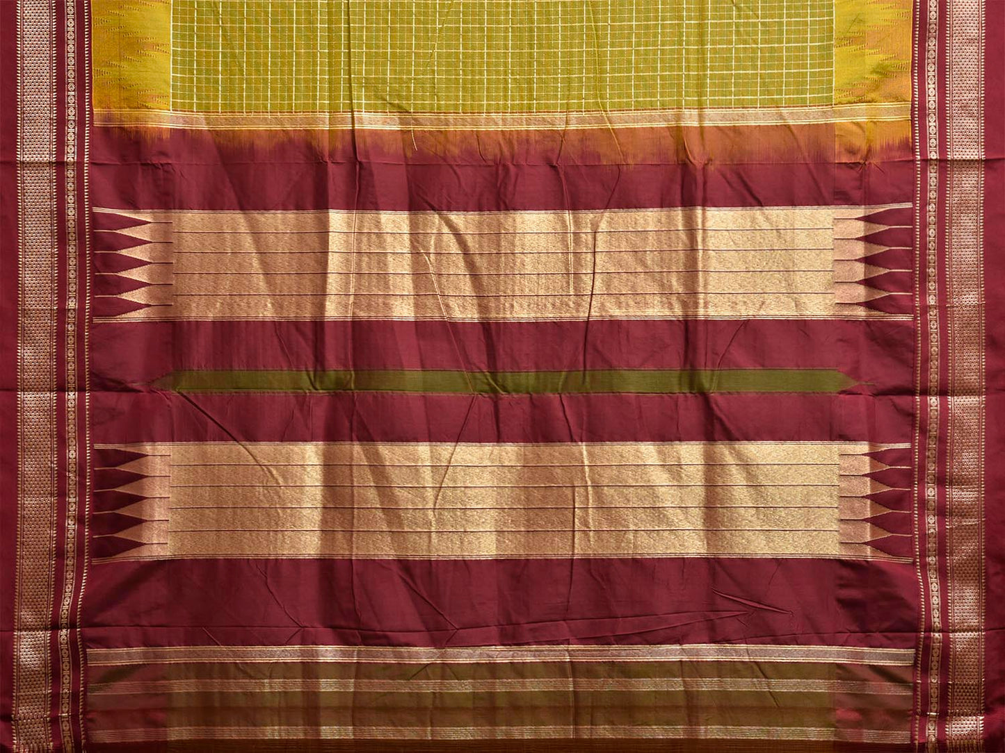 Olive and Brown ilkal Viscose Saree with Big Temple Border and Checks Design il0103