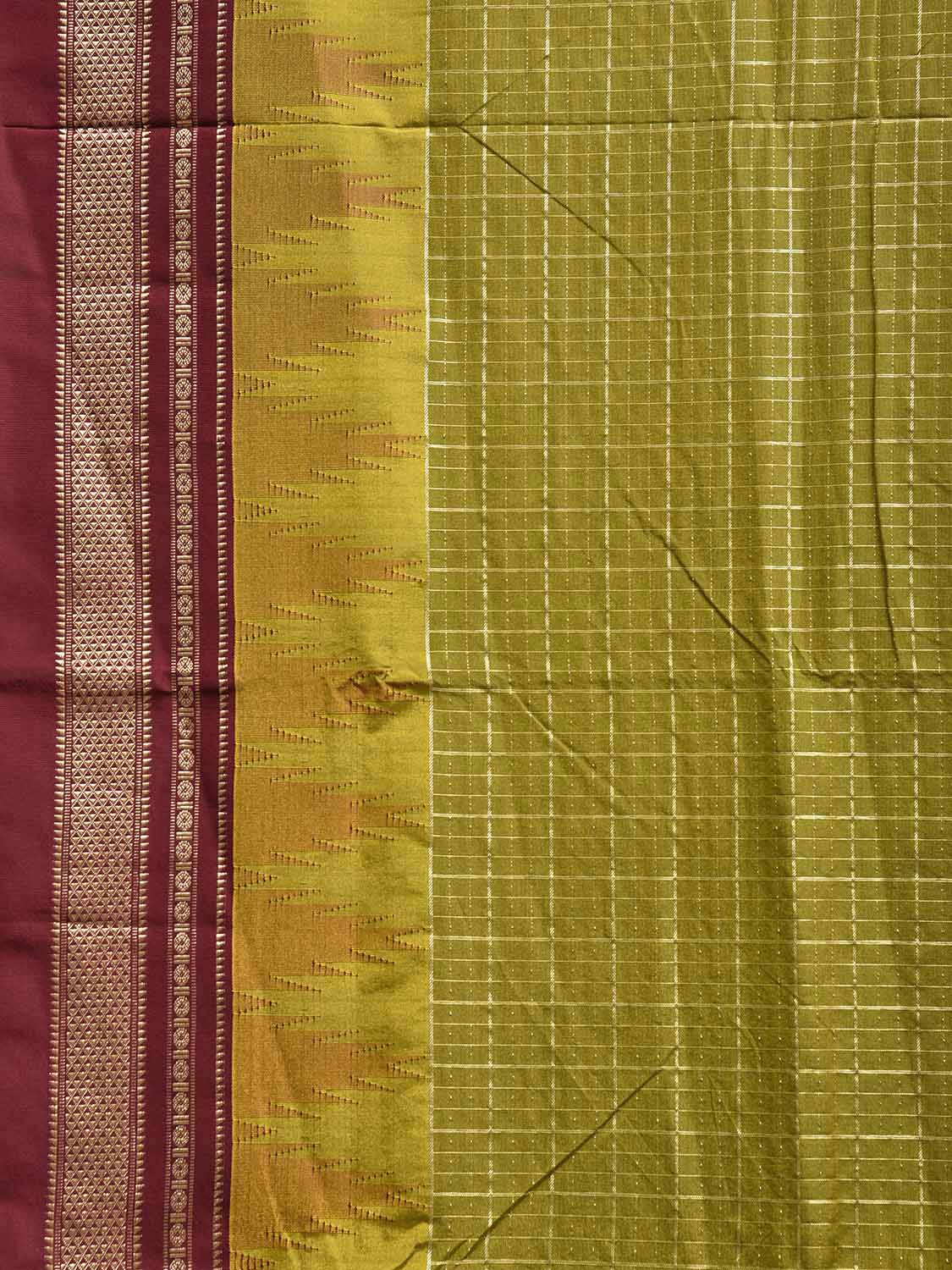 Olive and Brown ilkal Viscose Saree with Big Temple Border and Checks Design il0103