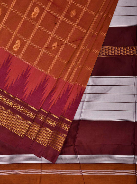 Dark Fawn and Brown ilkal Viscose Saree with Big Temple Border and Checks Design il0104