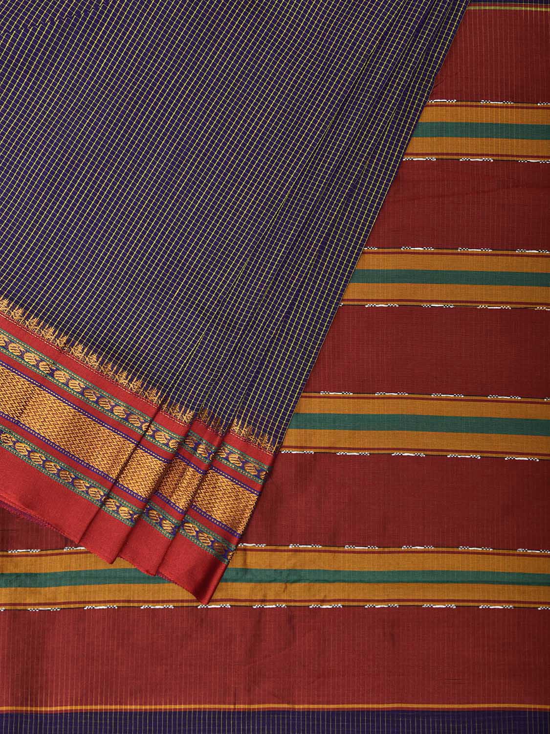 Navy and Dark Red ilkal Viscose Saree with Small Checks and Strips Pallu Design il0105