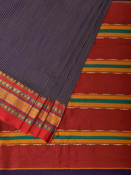 Navy and Dark Red ilkal Viscose Saree with Small Checks and Strips Pallu Design il0105