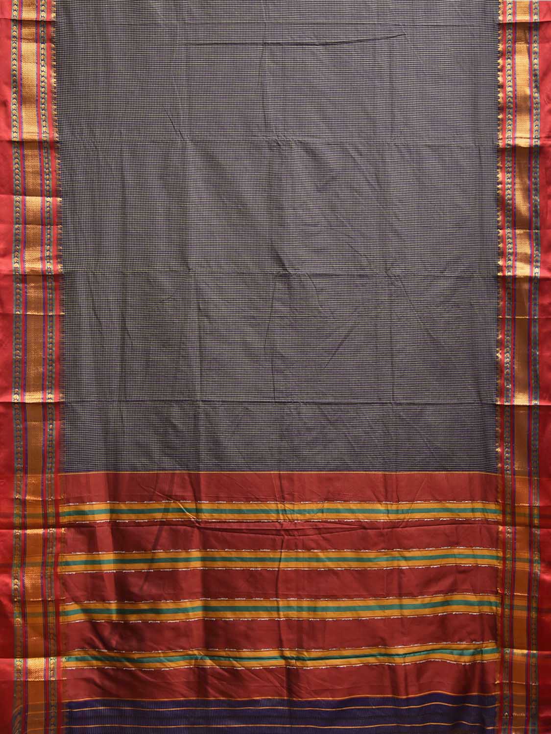 Navy and Dark Red ilkal Viscose Saree with Small Checks and Strips Pallu Design il0105