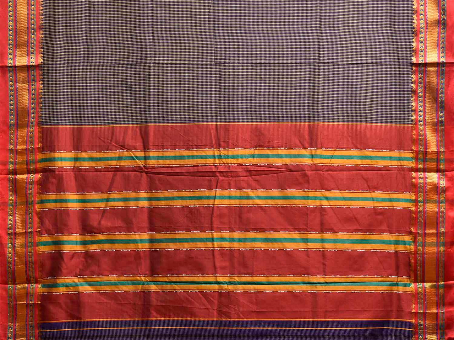 Navy and Dark Red ilkal Viscose Saree with Small Checks and Strips Pallu Design il0105