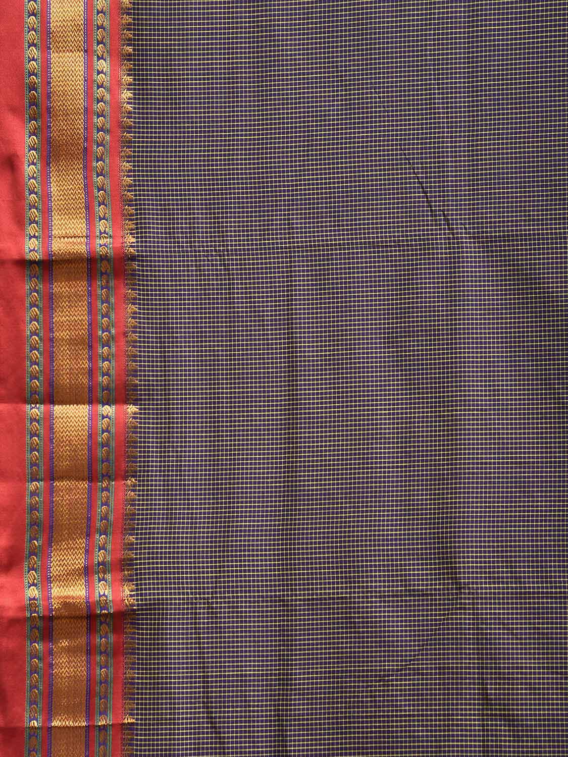 Navy and Dark Red ilkal Viscose Saree with Small Checks and Strips Pallu Design il0105