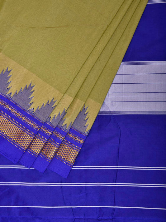 Light Olive and Blue ilkal Viscose Plain Saree with Contrast Pallu and Big Temple Border Design il0108