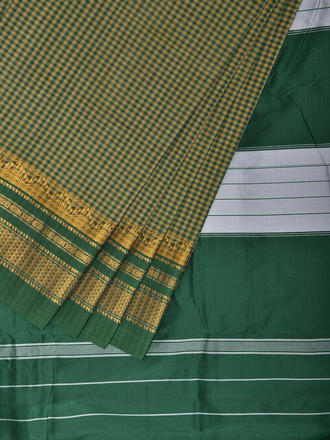 Green and Yellow ilkal Viscose Saree with Small Checks and Border Design il0111