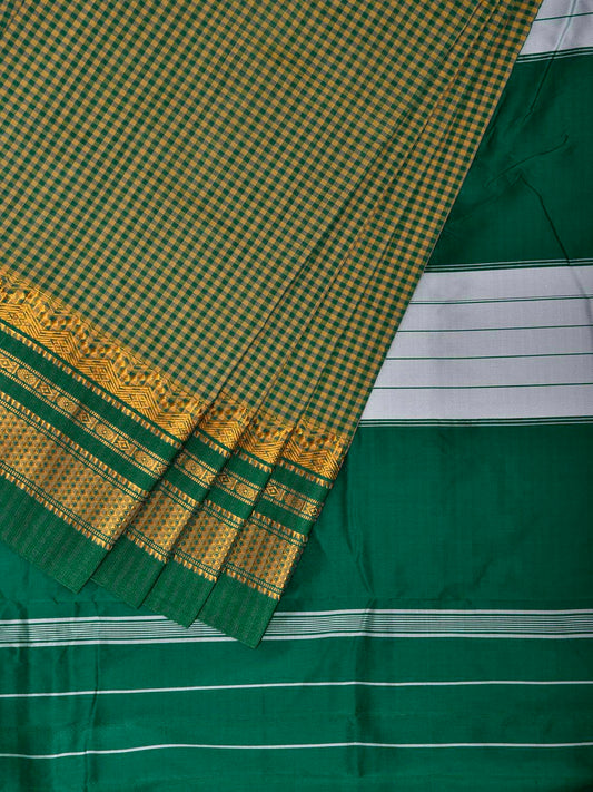 Green and Yellow ilkal Viscose Saree with Small Checks and Border Design il0111