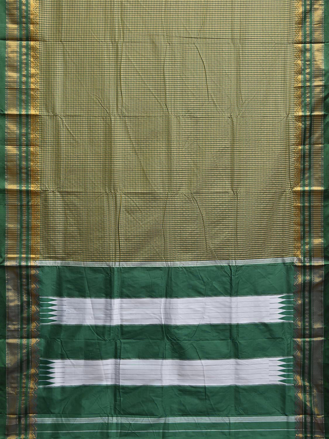 Green and Yellow ilkal Viscose Saree with Small Checks and Border Design il0111