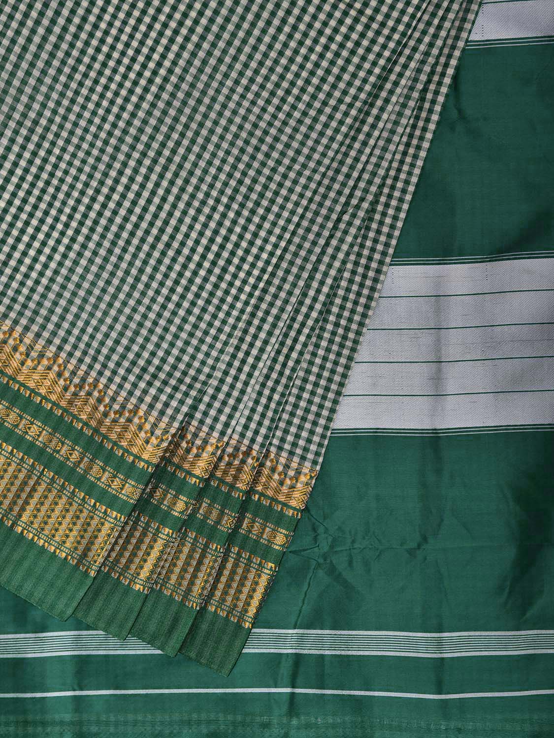 Green and White ilkal Viscose Saree with Small Checks and Border Design il0113
