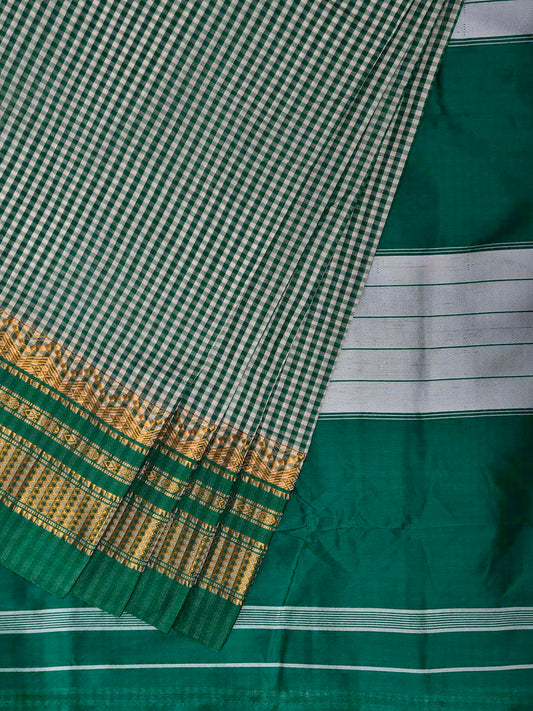 Green and White ilkal Viscose Saree with Small Checks and Border Design il0113