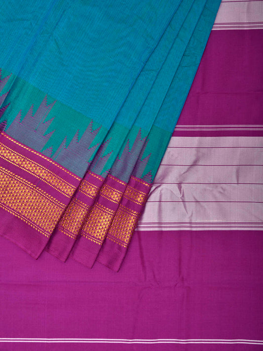 Blue and Purple ilkal Viscose Plain Saree with Big Temple Border Design il0121