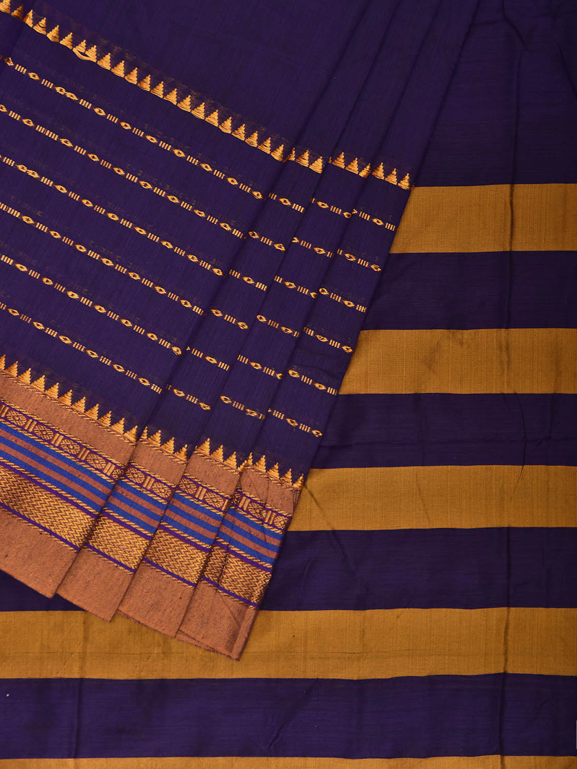 Indigo and Yellow ilkal Cotton Viscose Saree with Strips Border and Pallu Design No Blouse il0126