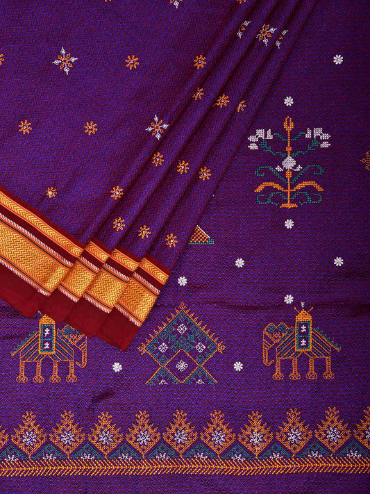 Purple and Maroon ilkal Jacquard Viscose Saree with Kasuti Work Design No Blouse il0129