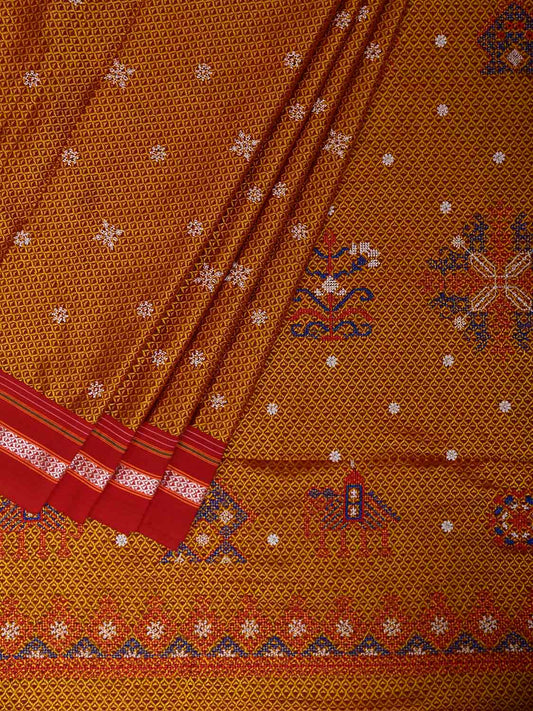 Yellow and Red ilkal Jacquard Viscose Saree with Kasuti Work Design No Blouse il0130
