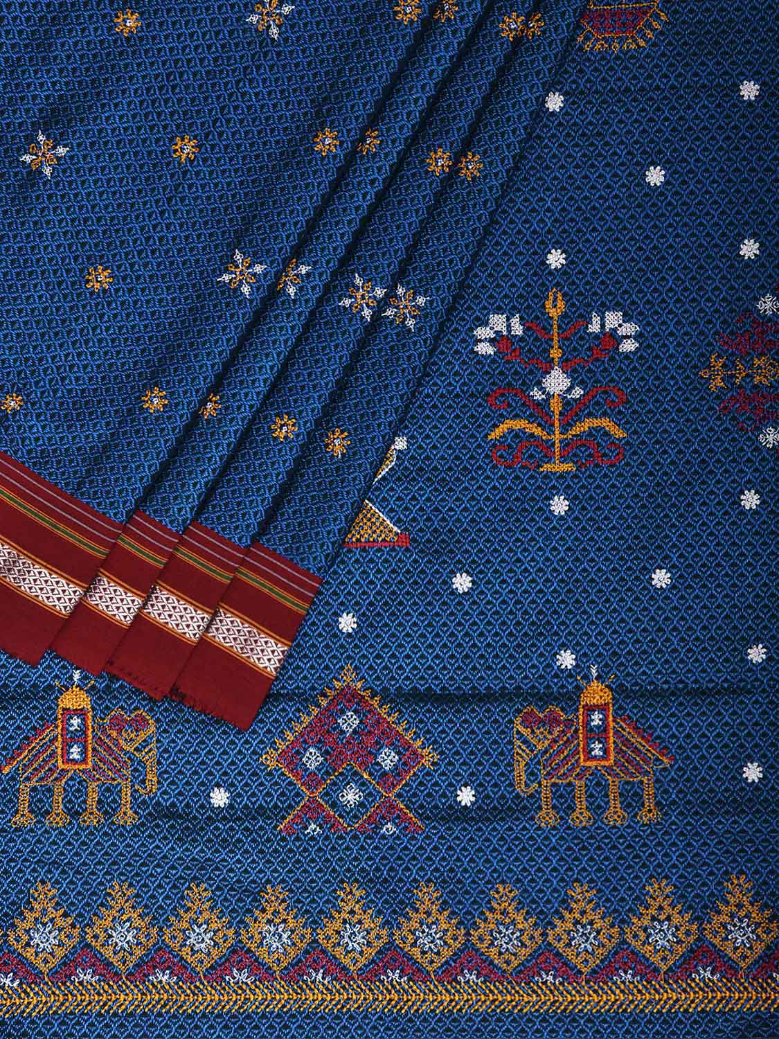 Blue and Maroon ilkal Jacquard Viscose Saree with Kasuti Work Design No Blouse il0131