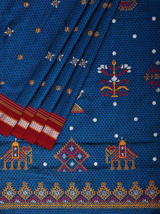 Blue and Maroon ilkal Jacquard Viscose Saree with Kasuti Work Design No Blouse il0131