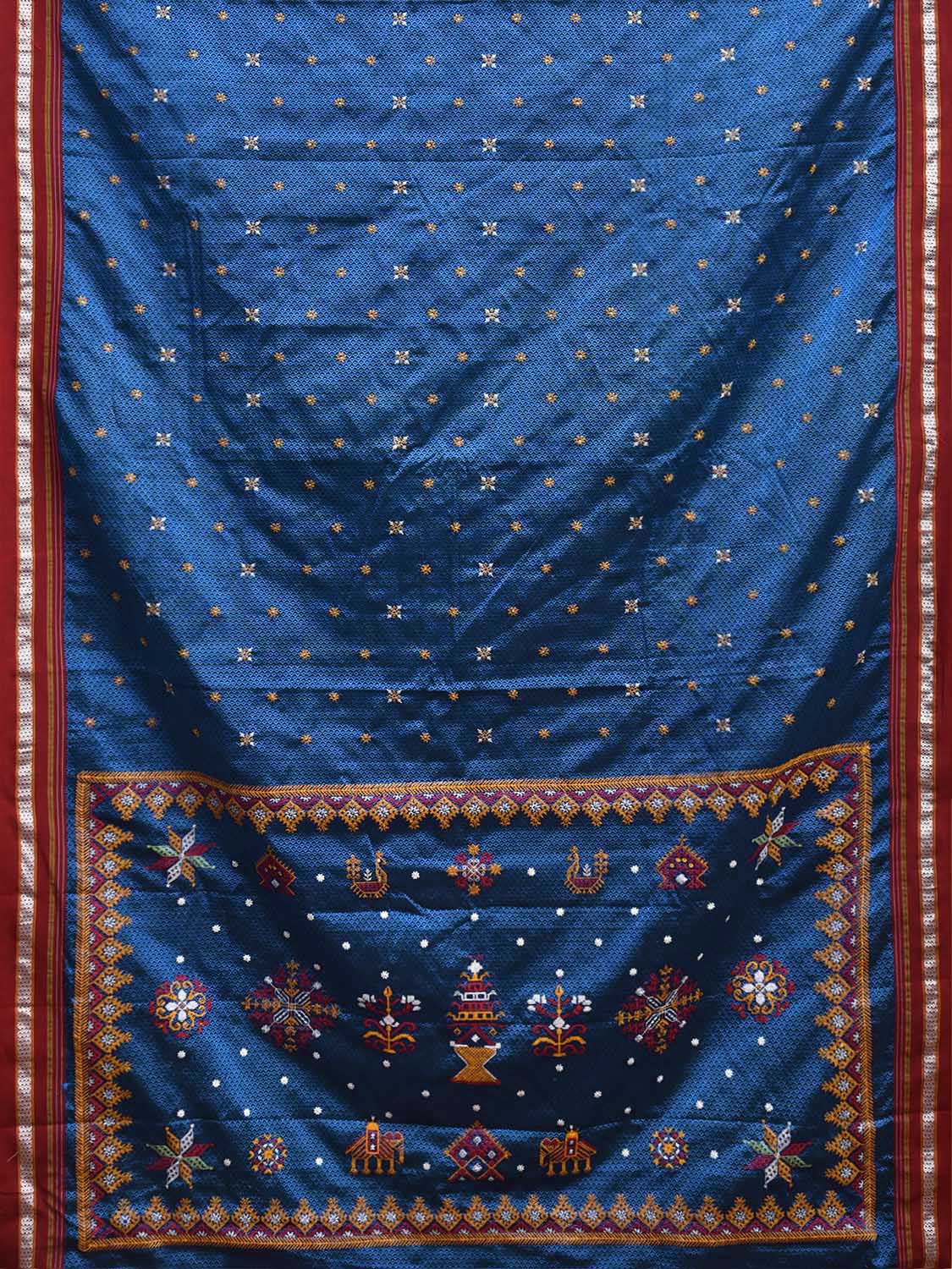 Blue and Maroon ilkal Jacquard Viscose Saree with Kasuti Work Design No Blouse il0131