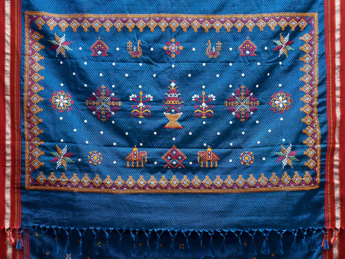 Blue and Maroon ilkal Jacquard Viscose Saree with Kasuti Work Design No Blouse il0131