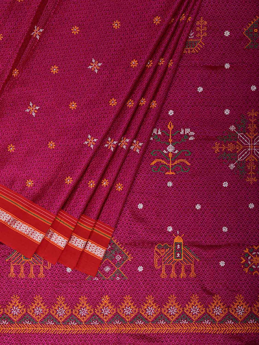 Pink and Red ilkal Jacquard Viscose Saree with Kasuti Work Design No Blouse il0132
