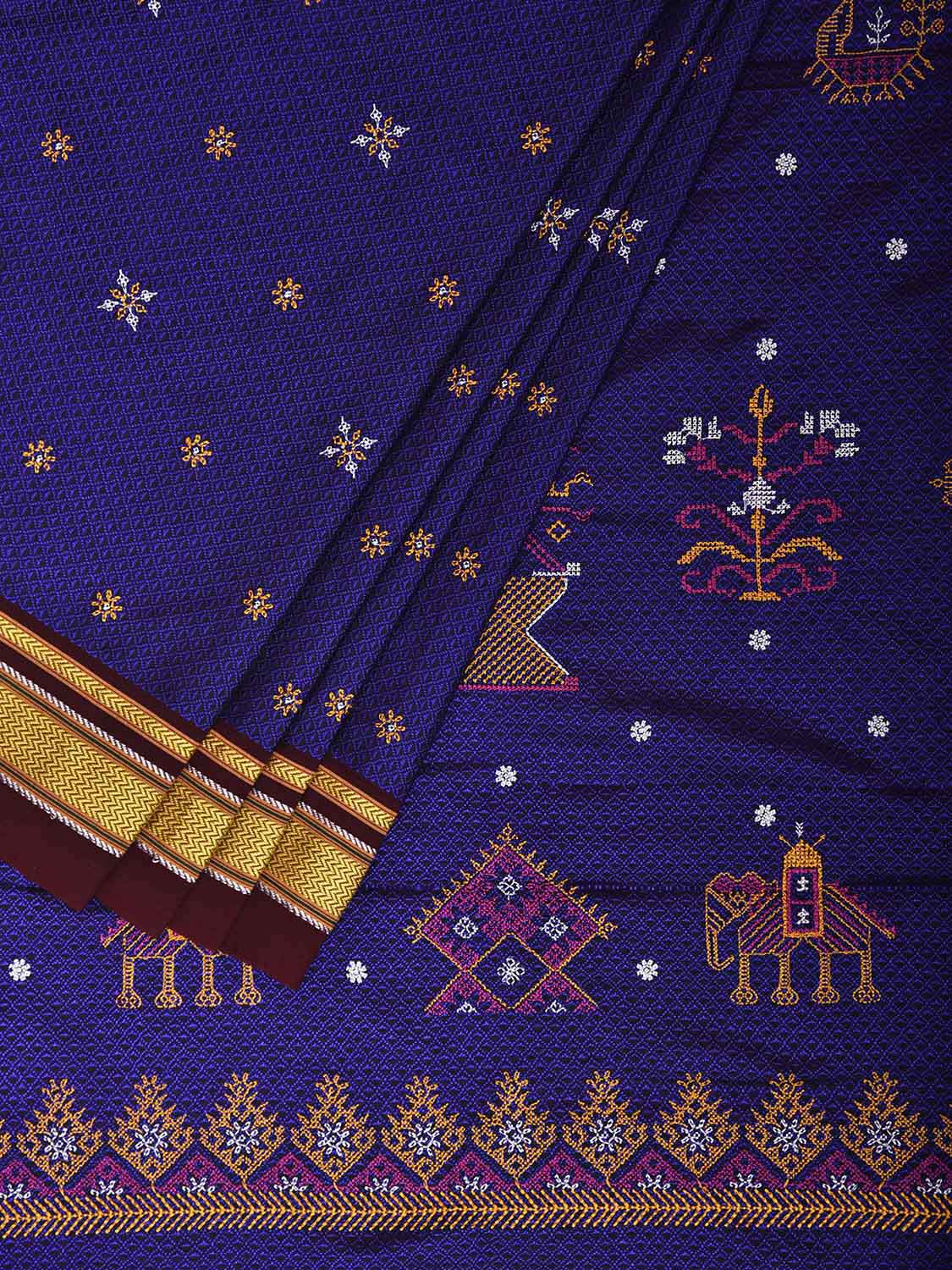 Blue and Maroon ilkal Jacquard Viscose Saree with Kasuti Work Design No Blouse il0136