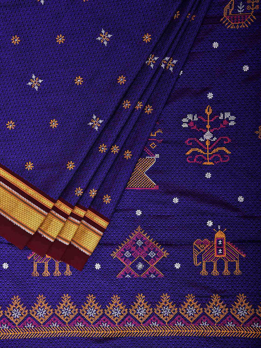 Blue and Maroon ilkal Jacquard Viscose Saree with Kasuti Work Design No Blouse il0136