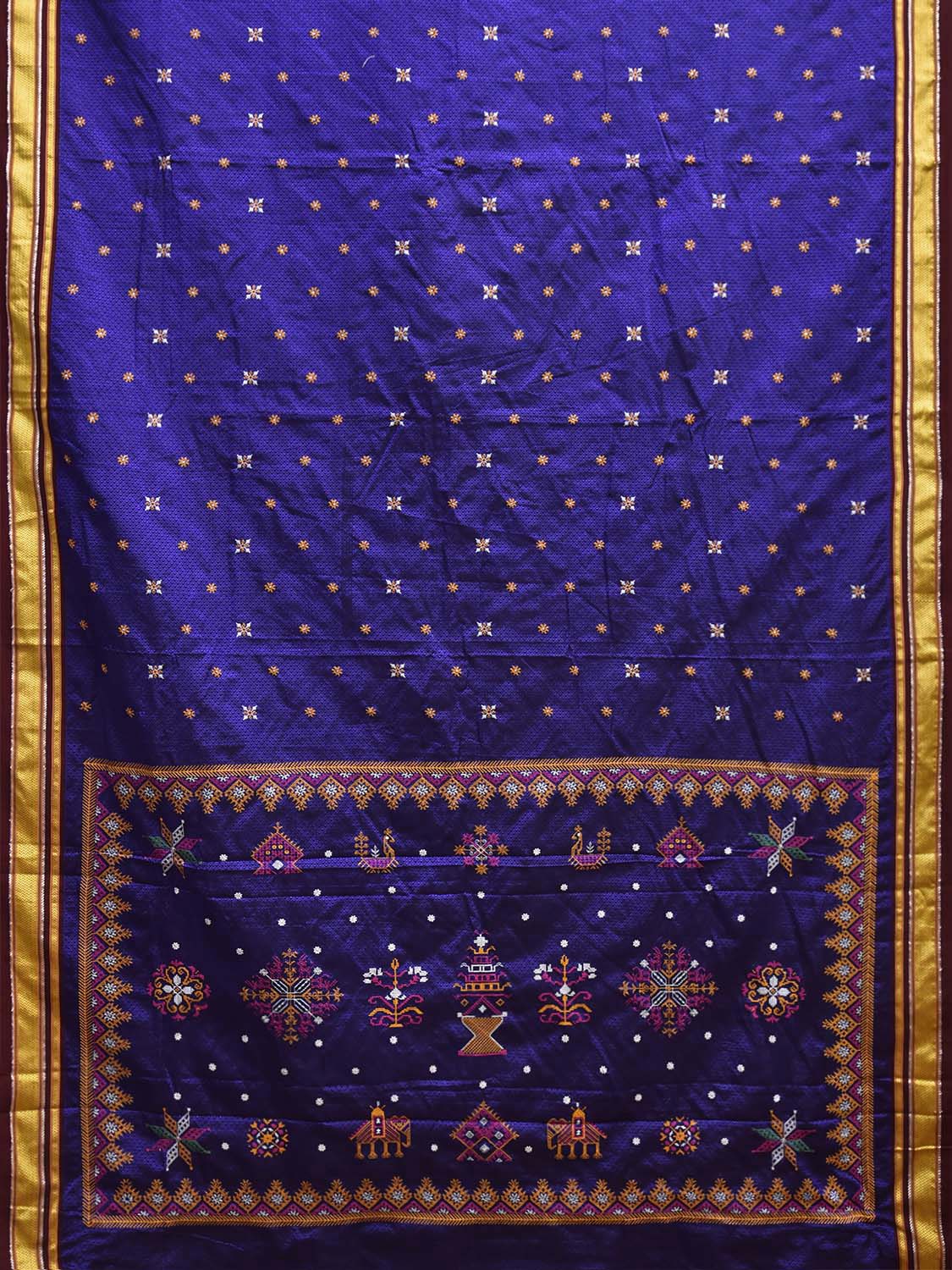 Blue and Maroon ilkal Jacquard Viscose Saree with Kasuti Work Design No Blouse il0136