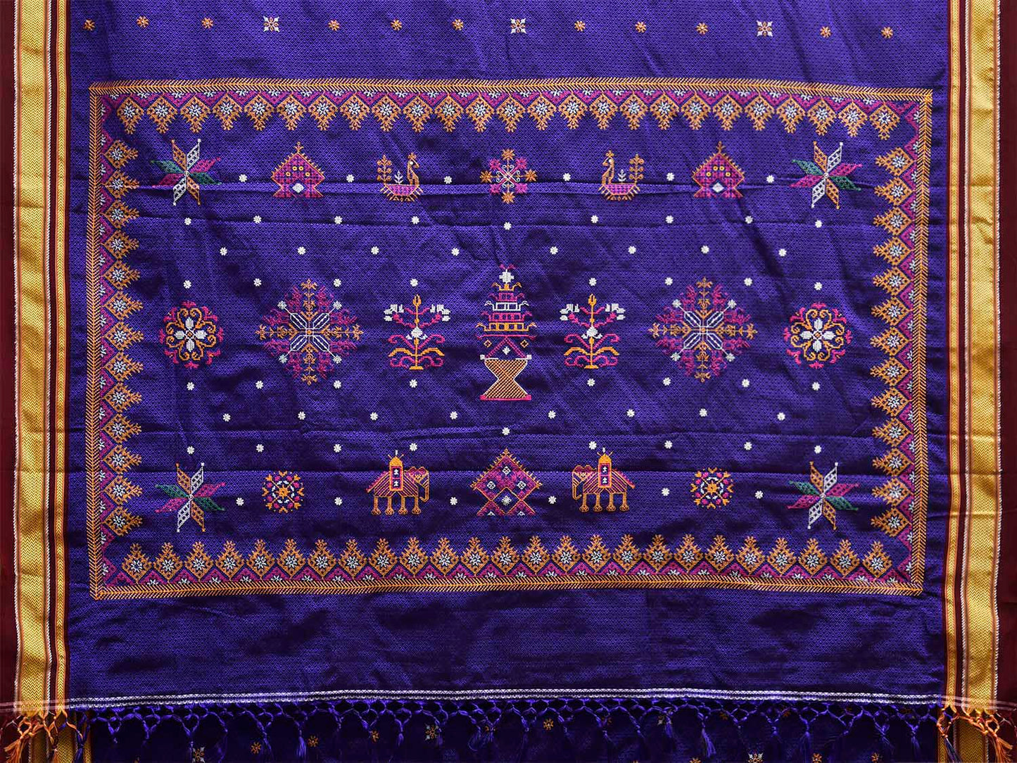 Blue and Maroon ilkal Jacquard Viscose Saree with Kasuti Work Design No Blouse il0136