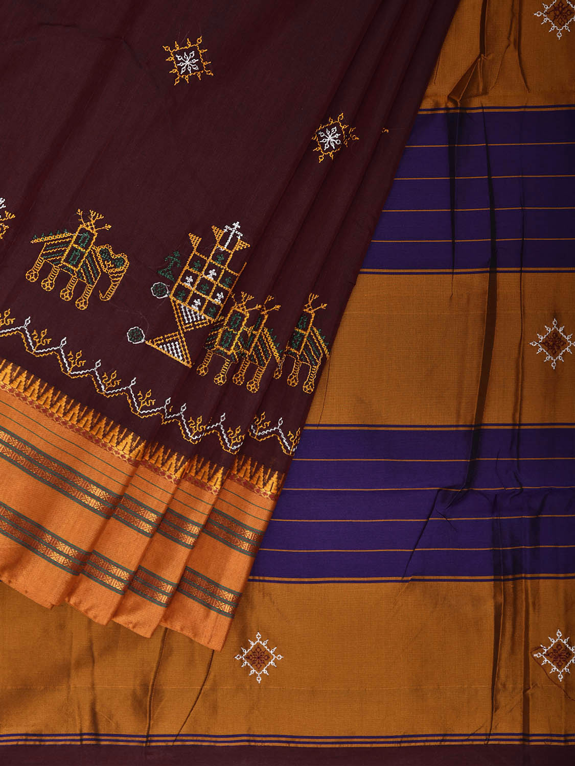 Maroon and Mustard ilkal Jacquard Viscose Saree with Kasuti Work Design No Blouse il0138