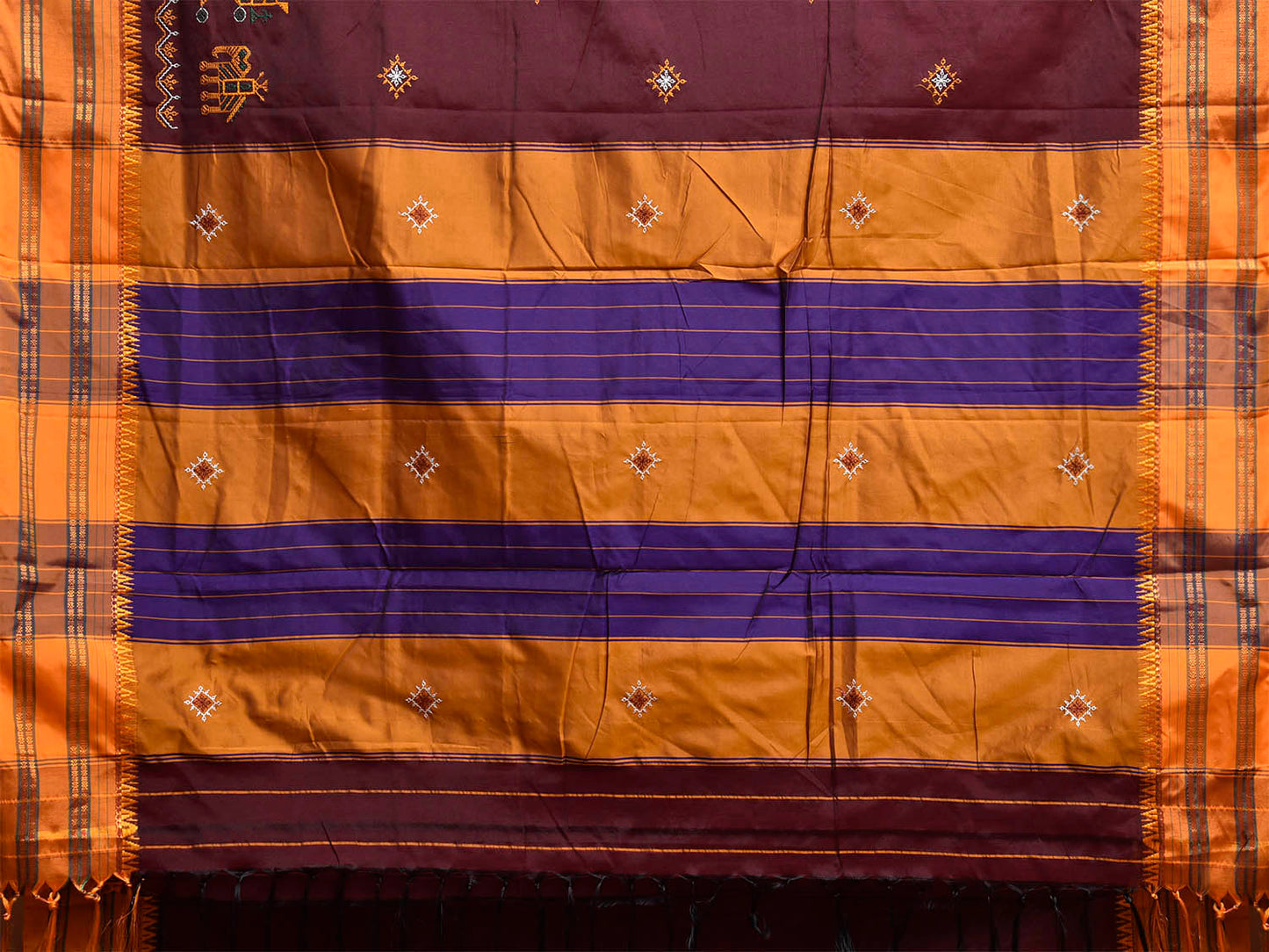 Maroon and Mustard ilkal Jacquard Viscose Saree with Kasuti Work Design No Blouse il0138
