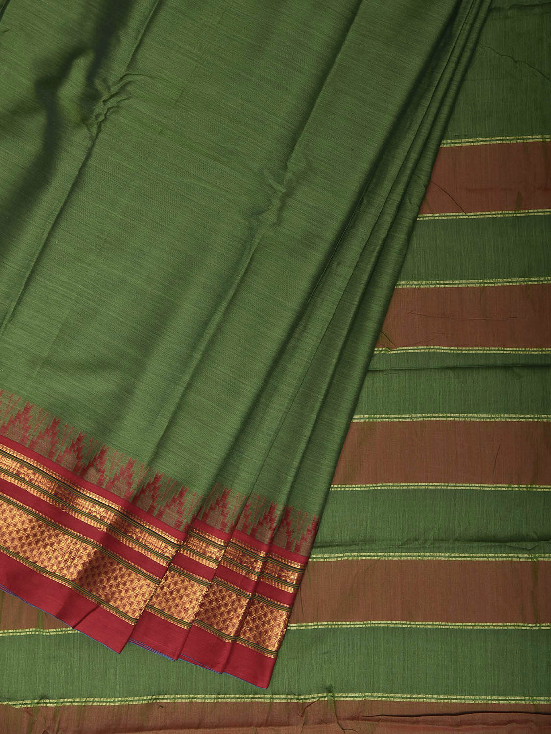 Green and Maroon ilkal Viscose Plain Saree with Strips Pallu Design No Blouse il0140