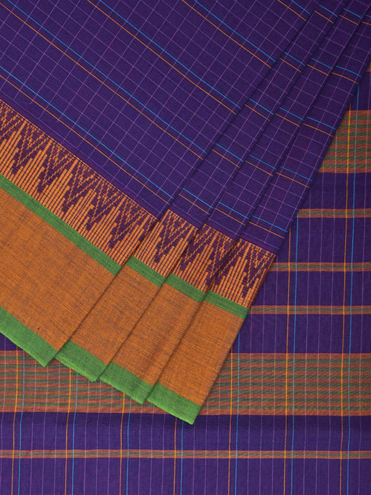 Indigo Narayanpet Cotton Handloom Saree with Checks and Temple Border Design No Blouse np0947