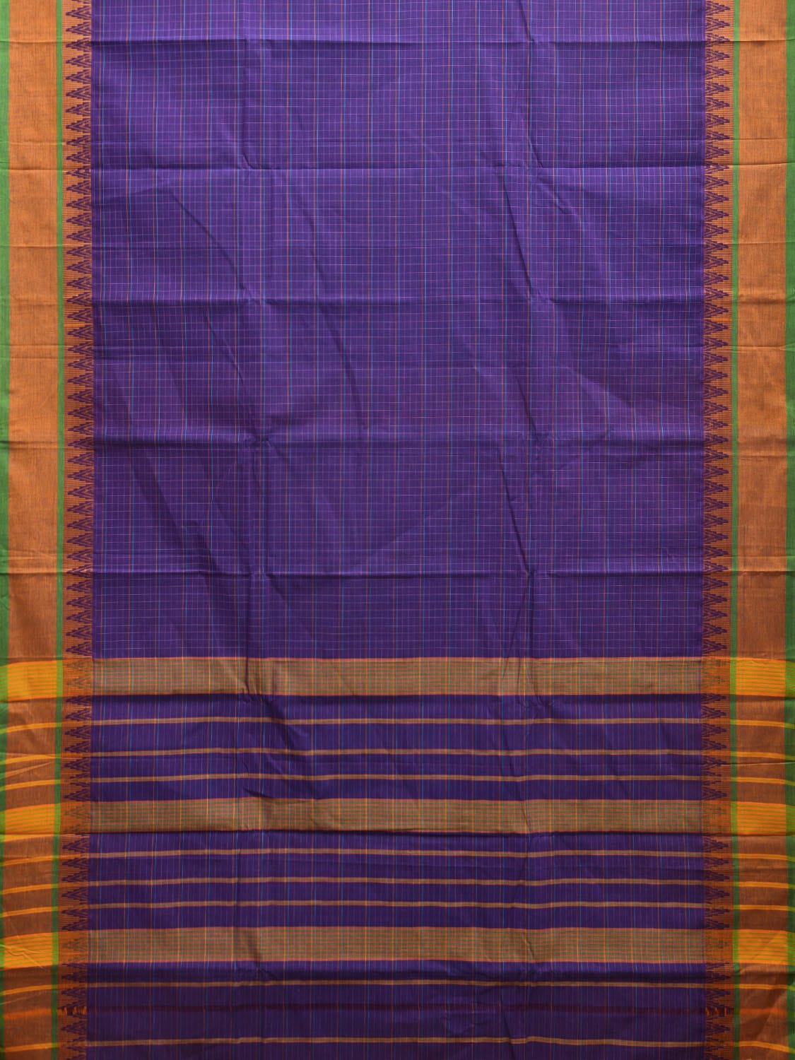 Indigo Narayanpet Cotton Handloom Saree with Checks and Temple Border Design No Blouse np0947