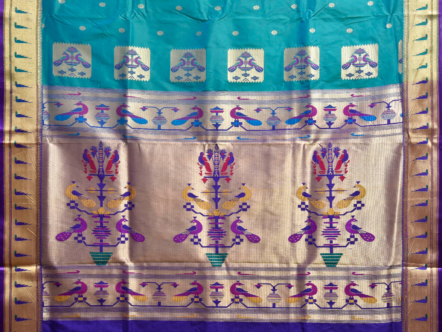 Sea Blue and Dark Blue Jacquard Paithani Viscose Saree with Peacocks Pallu and Muniya Border Design jp0073