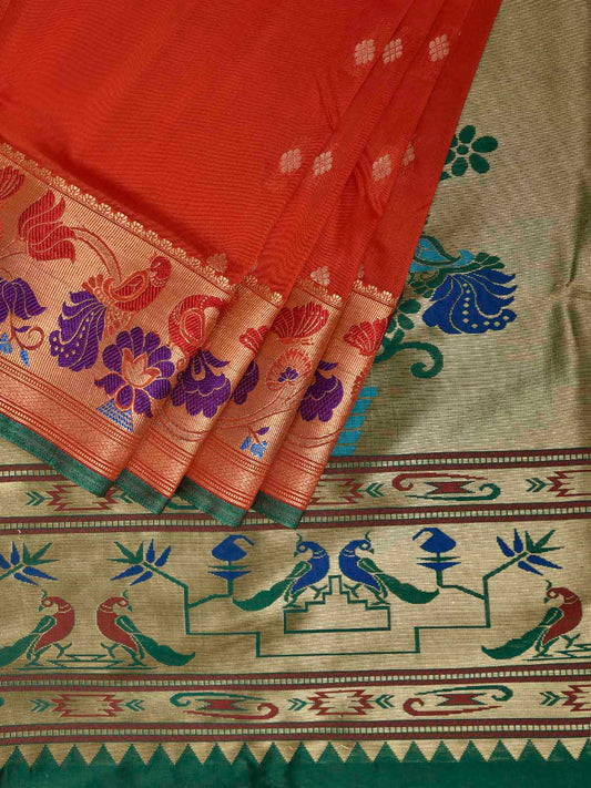 Orange and Green Jacquard Paithani Viscose Saree with Peacocks Pallu and Border Design jp0074