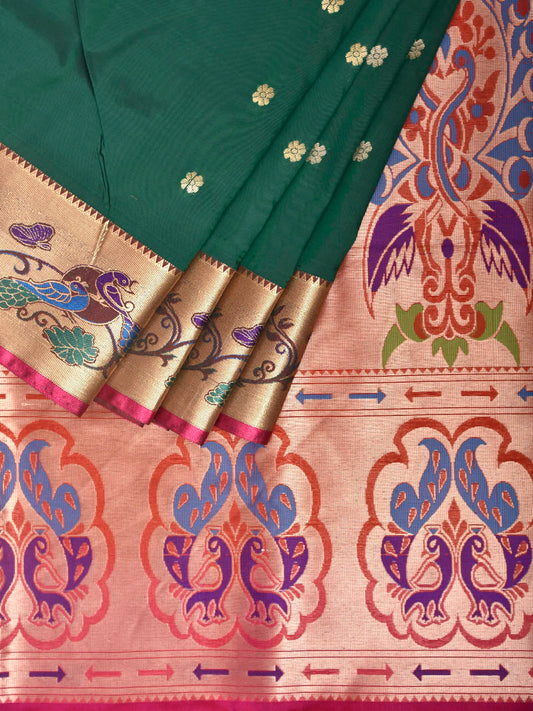 Green and Pink Jacquard Paithani Viscose Saree with Peacocks Pallu and Border Design jp0075