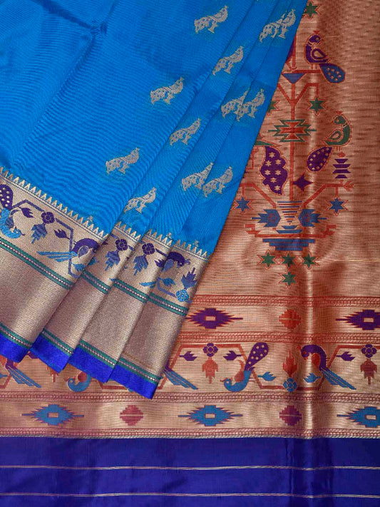 Blue and Dark Blue Jacquard Paithani Viscose Saree with Peacocks Pallu and Border Design jp0076